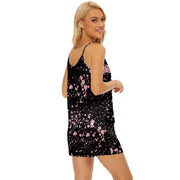 Pink Cherry Blossom at Night V-Neck Satin Pajamas Set