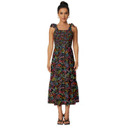 Black Tropical Tie-Strap Tiered Midi Chiffon Dress