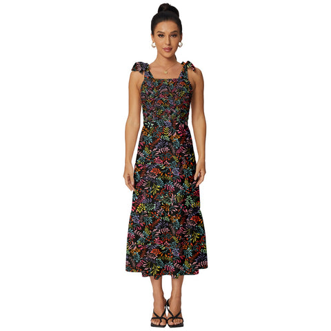Black Tropical Tie-Strap Tiered Midi Chiffon Dress