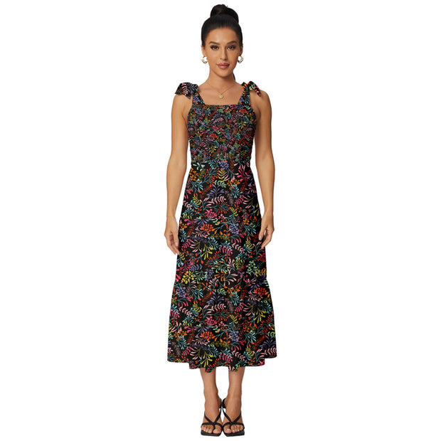 Black Tropical Tie-Strap Tiered Midi Chiffon Dress