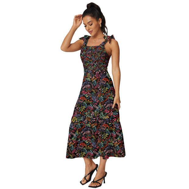 Black Tropical Tie-Strap Tiered Midi Chiffon Dress