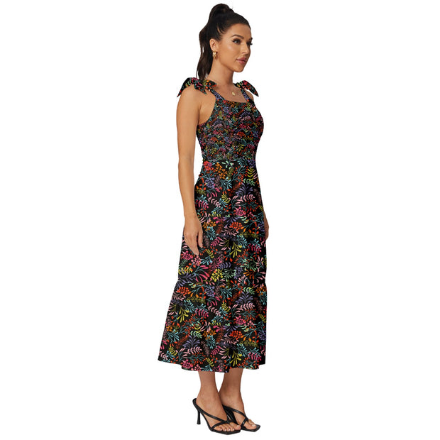 Black Tropical Tie-Strap Tiered Midi Chiffon Dress