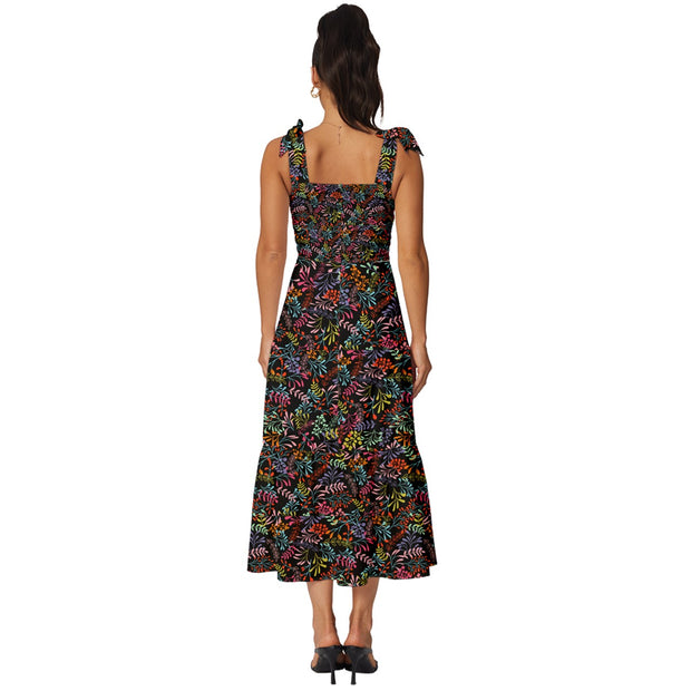 Black Tropical Tie-Strap Tiered Midi Chiffon Dress