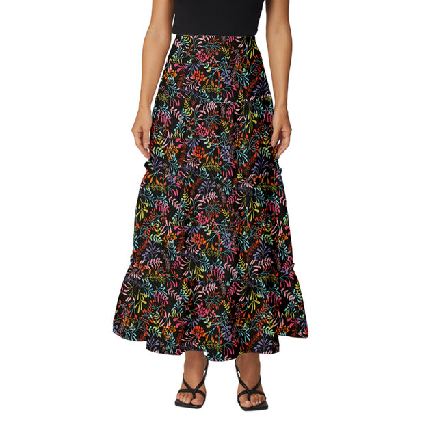 Black Tropical Tiered Ruffle Maxi Skirt