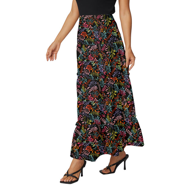 Black Tropical Tiered Ruffle Maxi Skirt