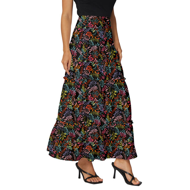Black Tropical Tiered Ruffle Maxi Skirt