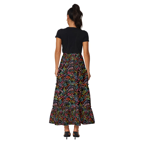 Black Tropical Tiered Ruffle Maxi Skirt