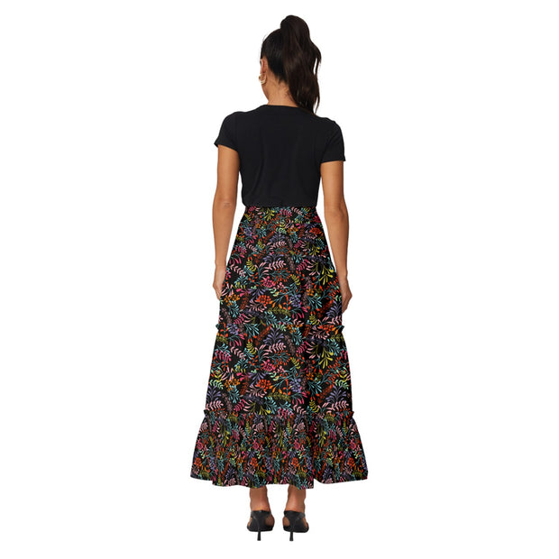 Black Tropical Tiered Ruffle Maxi Skirt