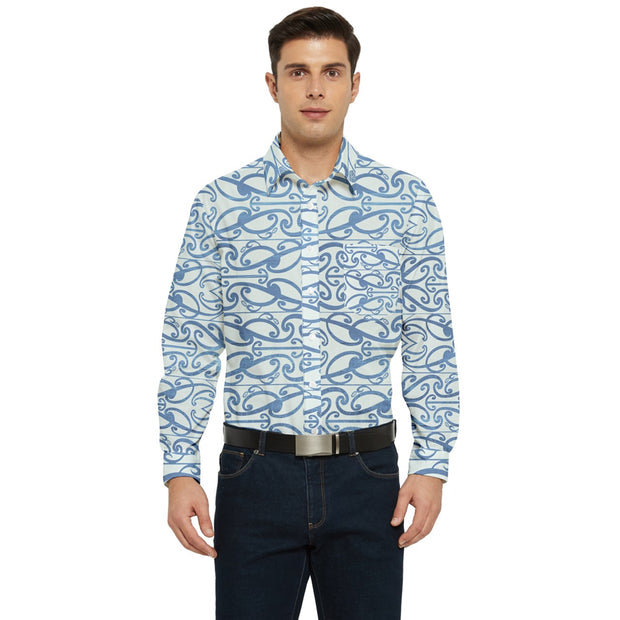 Soft Blue Koru Men's Long Sleeve Pocket Shirt
