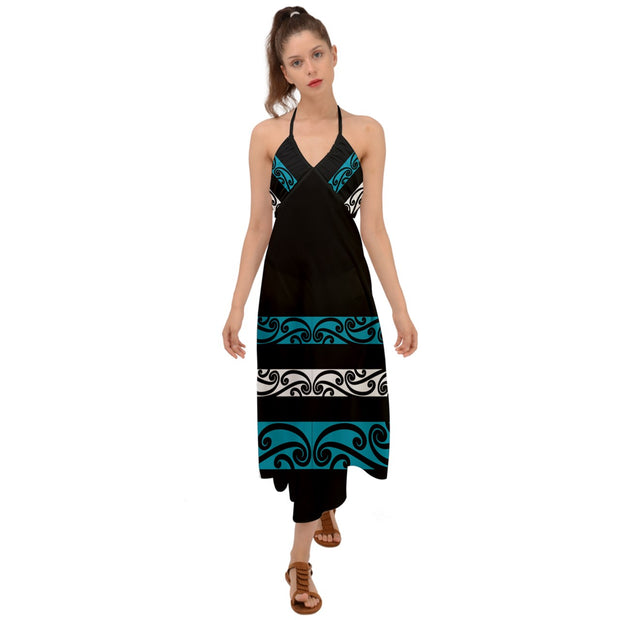 Teal and Black Halter Tie Back Dress