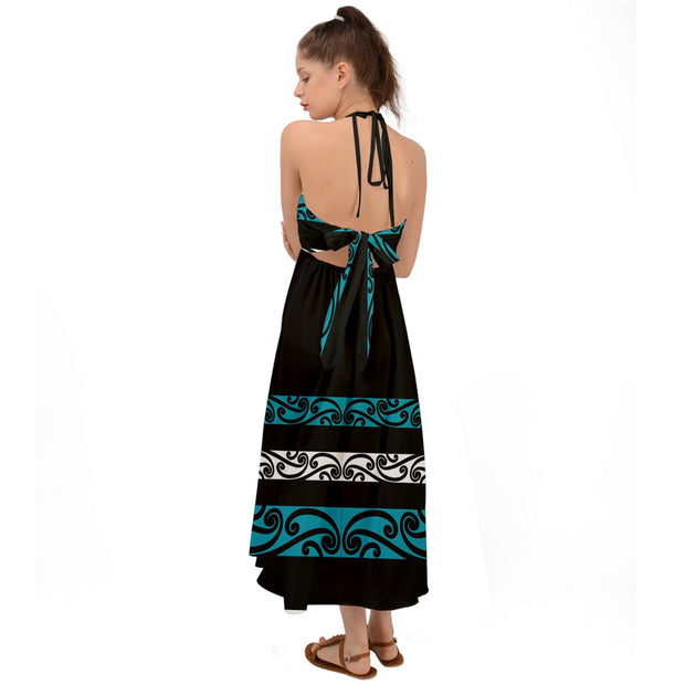 Teal and Black Halter Tie Back Dress
