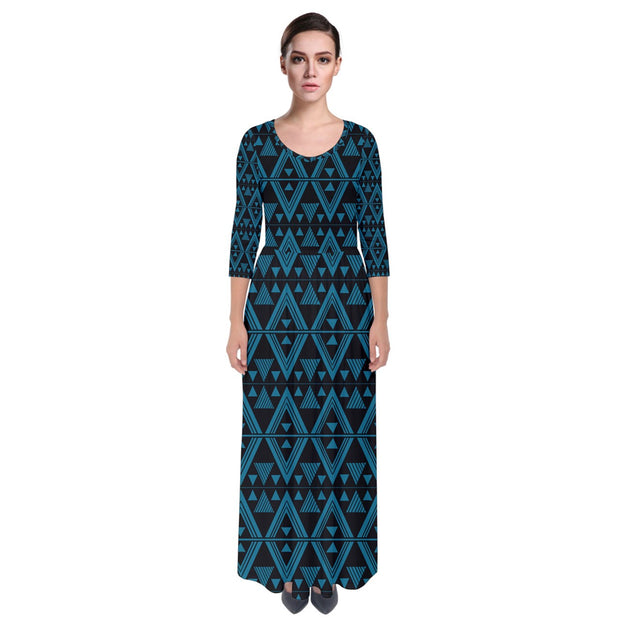Peacock Blue Tukutuku Quarter Sleeve Maxi Dress