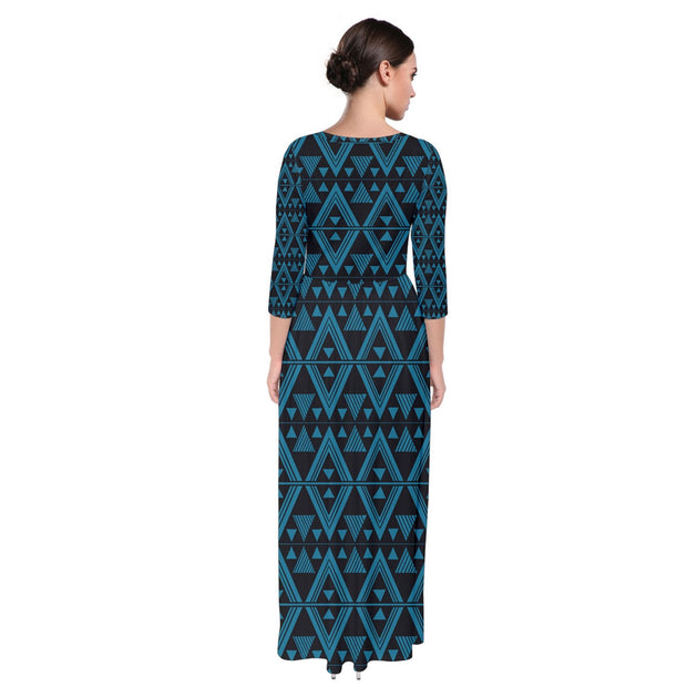 Peacock Blue Tukutuku Quarter Sleeve Maxi Dress