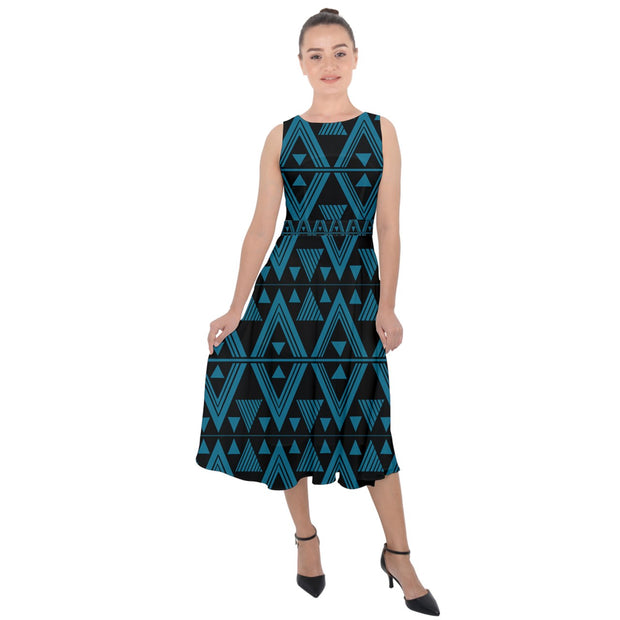 Peacock Blue Tukutuku Midi Tie-Back Chiffon Dress