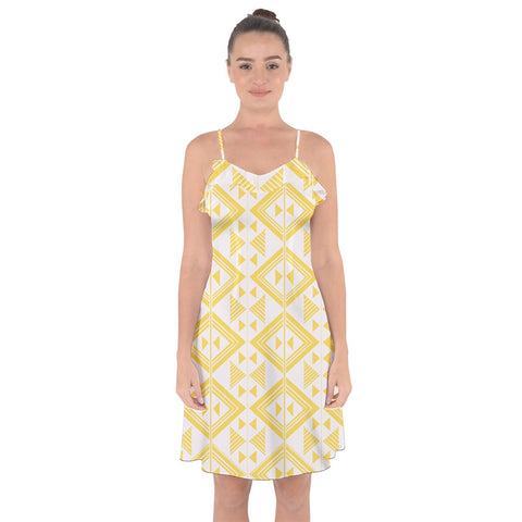 Yellow And White Tukutuku Ruffle Detail Chiffon Dress