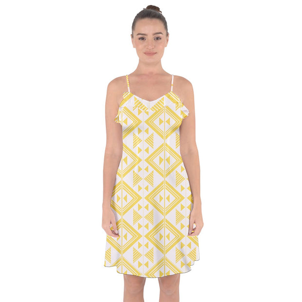 Yellow And White Tukutuku Ruffle Detail Chiffon Dress