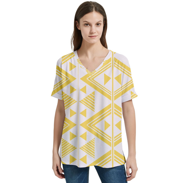 Canary Yellow Tukutuku V-Neck Split Shoulder Casual T-Shirt