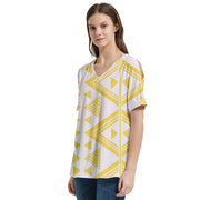 Canary Yellow Tukutuku V-Neck Split Shoulder Casual T-Shirt