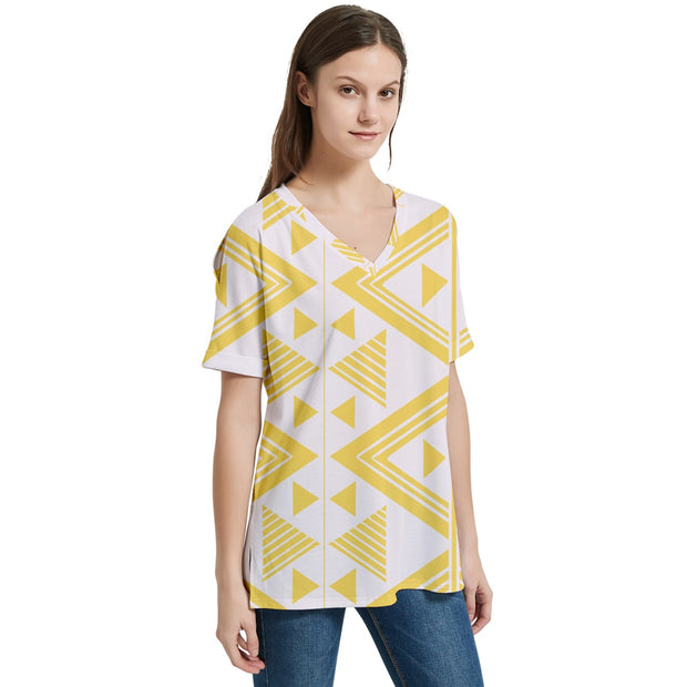 Canary Yellow Tukutuku V-Neck Split Shoulder Casual T-Shirt