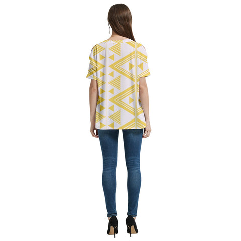 Canary Yellow Tukutuku V-Neck Split Shoulder Casual T-Shirt