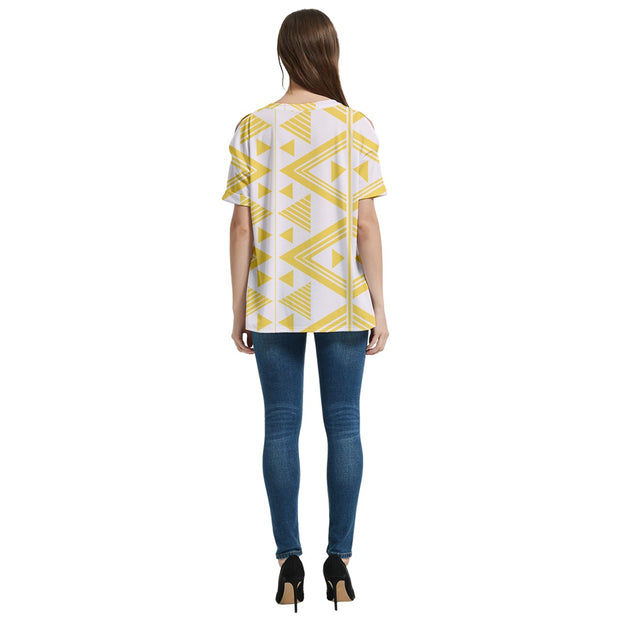 Canary Yellow Tukutuku V-Neck Split Shoulder Casual T-Shirt