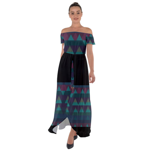 Paua Tukutuku Off Shoulder Open Front Chiffon Dress