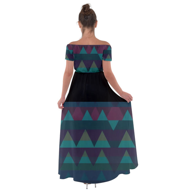 Paua Tukutuku Off Shoulder Open Front Chiffon Dress