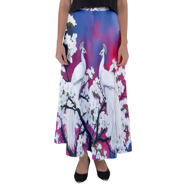 White Peacock Birds Flared Maxi Skirt