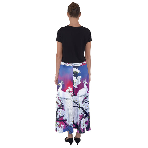 White Peacock Birds Flared Maxi Skirt