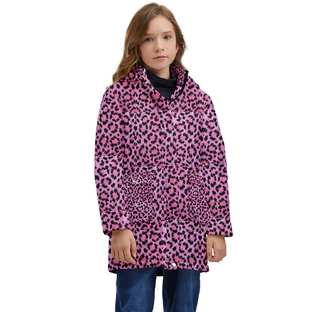 Pink leopard fur hooded longline puffer jacket for kids, featuring a bold pink leopard print with a cozy faux fur-trimmed hood. The jacket is longline for extra warmth and has a puffer design, perfect for keeping kids stylish and snug during colder days.