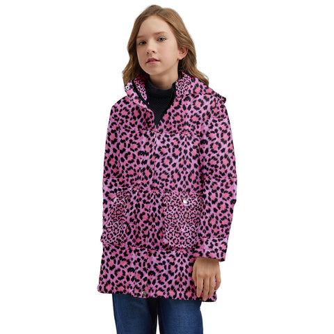 Pink Leopard Fur Kids' Hooded Longline Puffer Jacket
