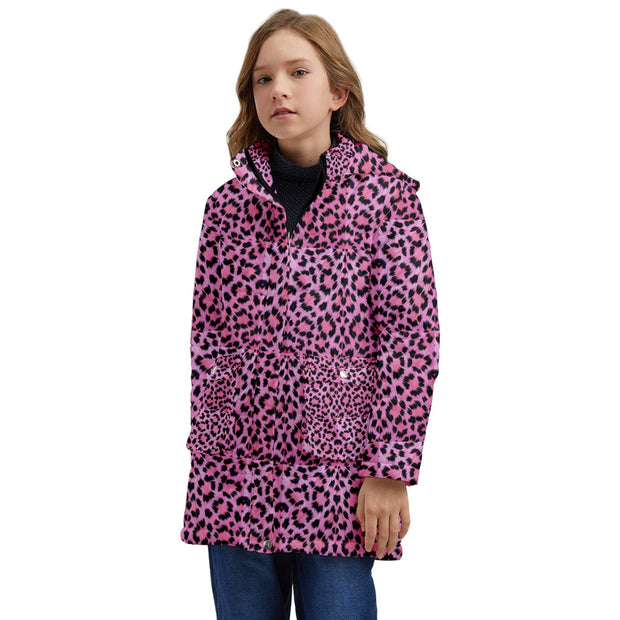 Pink Leopard Fur Kids' Hooded Longline Puffer Jacket