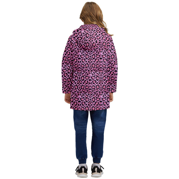 Pink Leopard Fur Kids' Hooded Longline Puffer Jacket