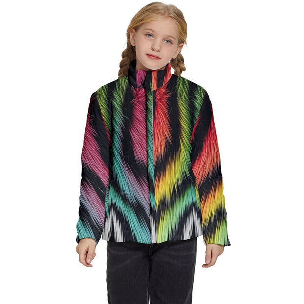 Rainbow Zebra Fur Print Kids' Puffer Bubble Jacket Coat