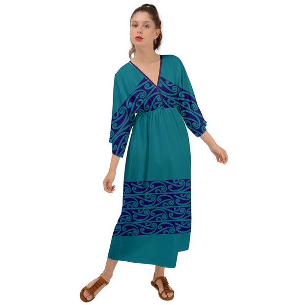 Dark Teal And Navy Blue Koru Grecian Style  Maxi Dress