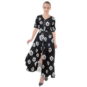 Black And White Rose Waist Tie Boho Maxi Dress