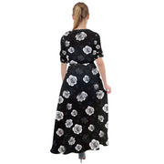 Black And White Rose Waist Tie Boho Maxi Dress