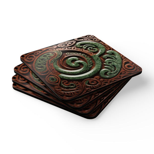 2 Wood and Pounamu Greenstone Corkwood Coaster Set