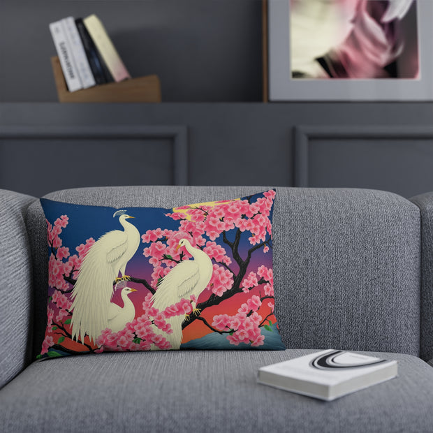 Japanese White Peacock Birds On Cherry Tree Cushion