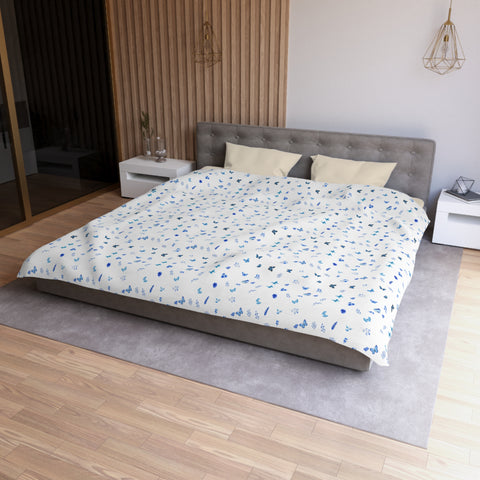 Blue and White Flowers and Butterflies Microfiber Duvet Cover