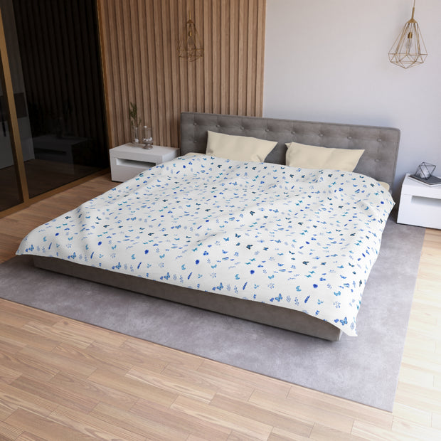 Blue and White Flowers and Butterflies Microfiber Duvet Cover