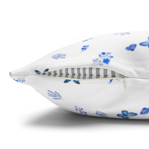 Blue and White Flowers and Butterflies Spun Polyester Square Pillowcase