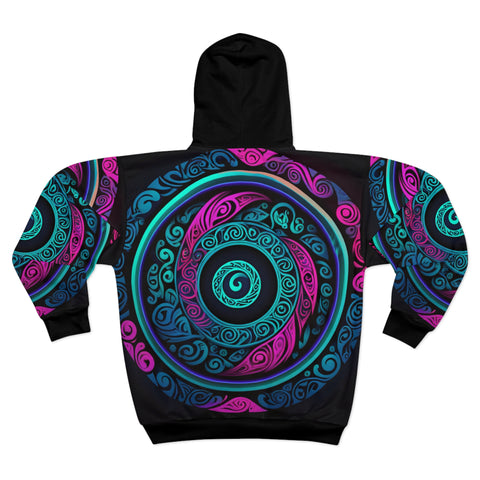 Pink Black Turquoise Maori Koru Unisex Zip Hoodie (AOP)