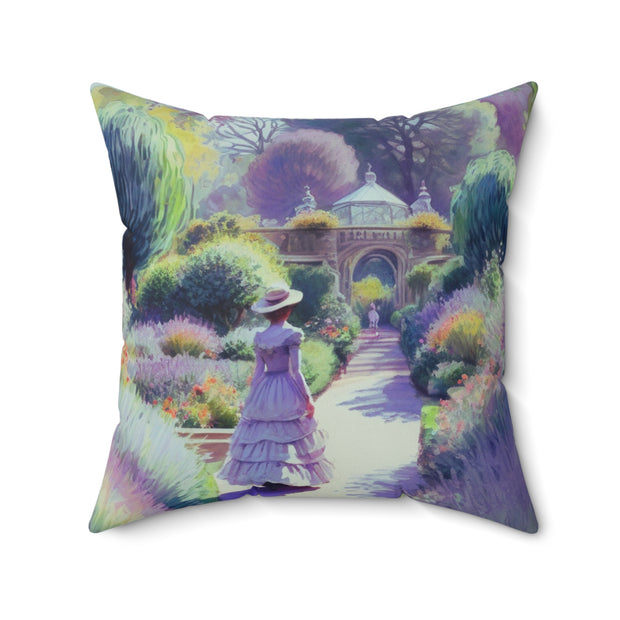 Monet Inspired Girl Walking In Garden Spun Polyester Square Pillow