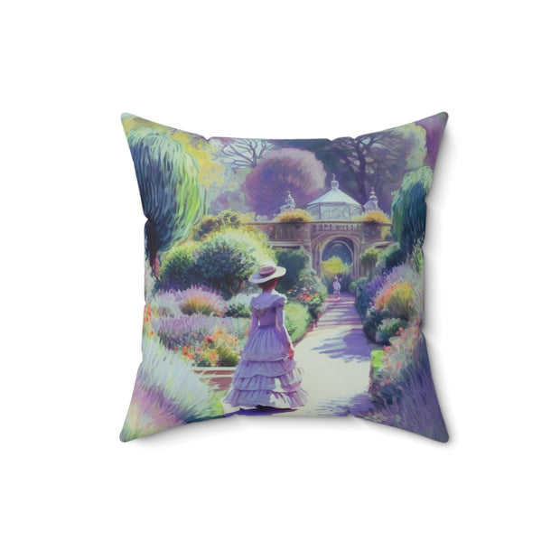 Monet Inspired Girl Walking In Garden Spun Polyester Square Pillow