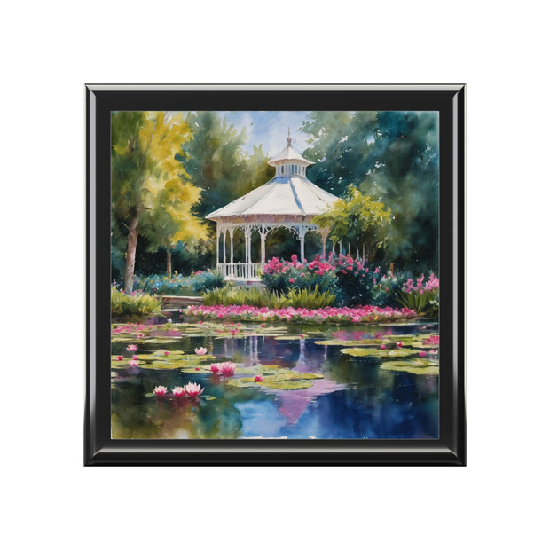 Monet Inspired White Gazebo By The Lily Pond Jewelry Box