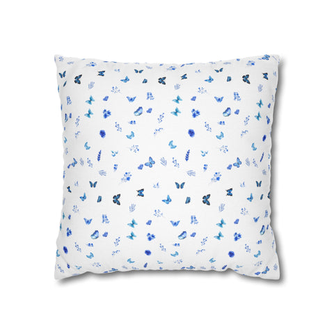 Blue and White Flowers and Butterflies Spun Polyester Square Pillowcase