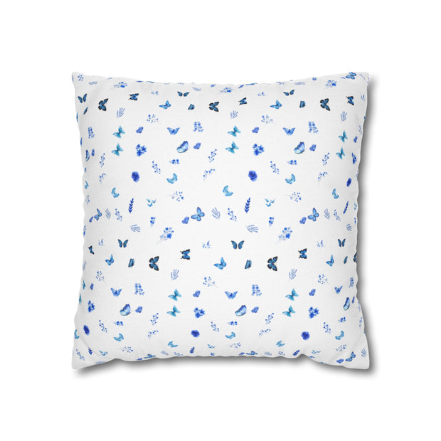 Blue and White Flowers and Butterflies Spun Polyester Square Pillowcase