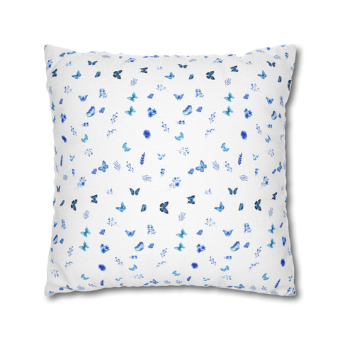 Blue and White Flowers and Butterflies Spun Polyester Square Pillowcase