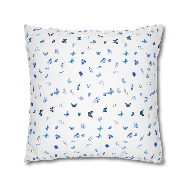 Blue and White Flowers and Butterflies Spun Polyester Square Pillowcase